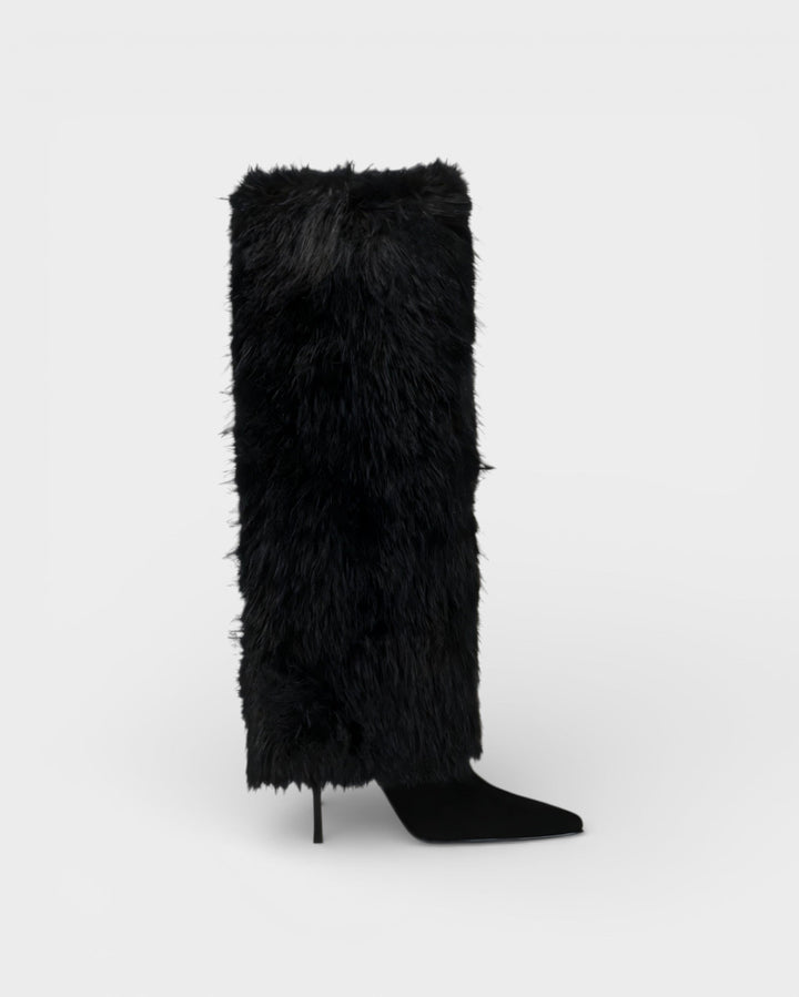 Faux Fur Knee High Boots for Women Pointed Toe Stiletto Heel