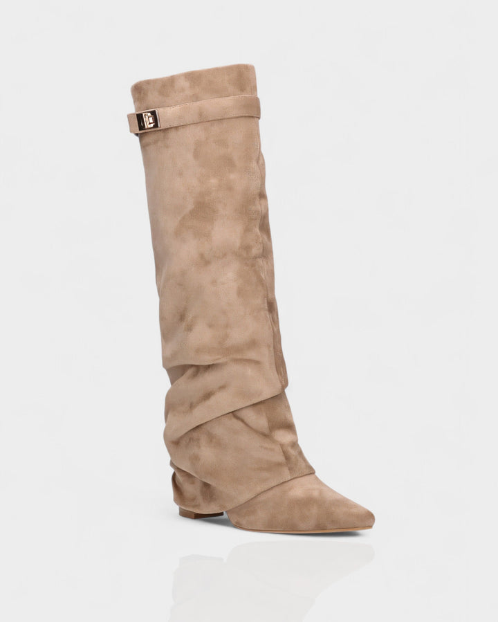 Suede Knee High Boots Women Slouchy Pointed Toe Block Heel