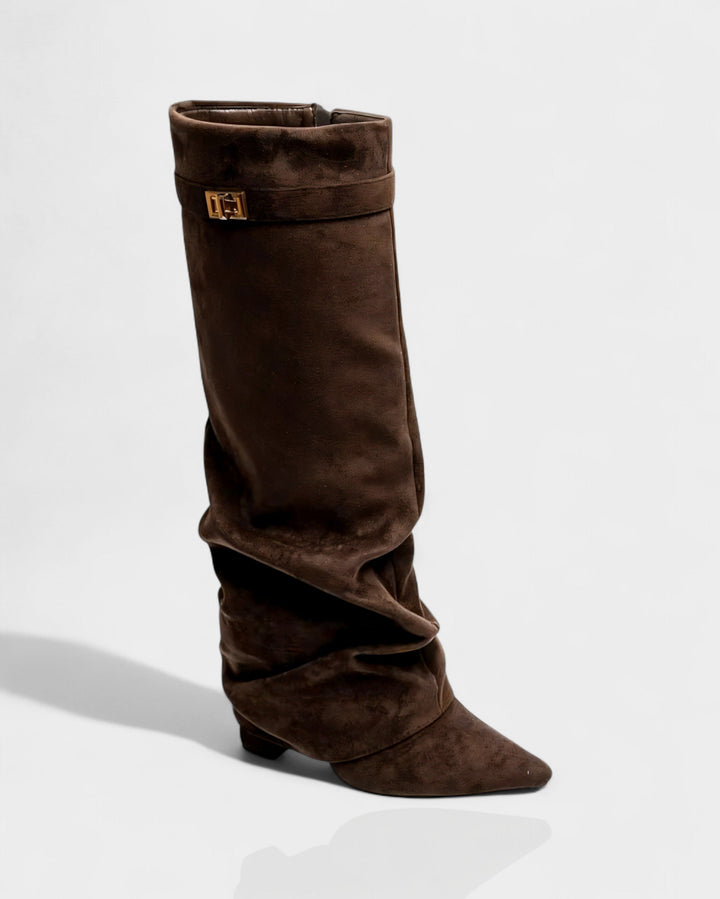 Suede Knee High Boots Women Slouchy Pointed Toe Block Heel
