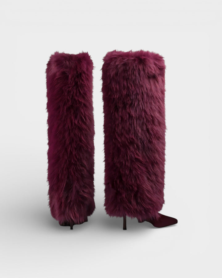 Faux Fur Knee High Boots for Women Pointed Toe Stiletto Heel