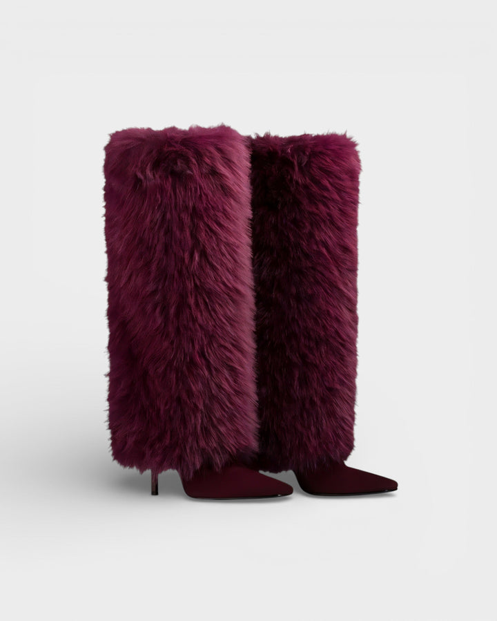Faux Fur Knee High Boots for Women Pointed Toe Stiletto Heel