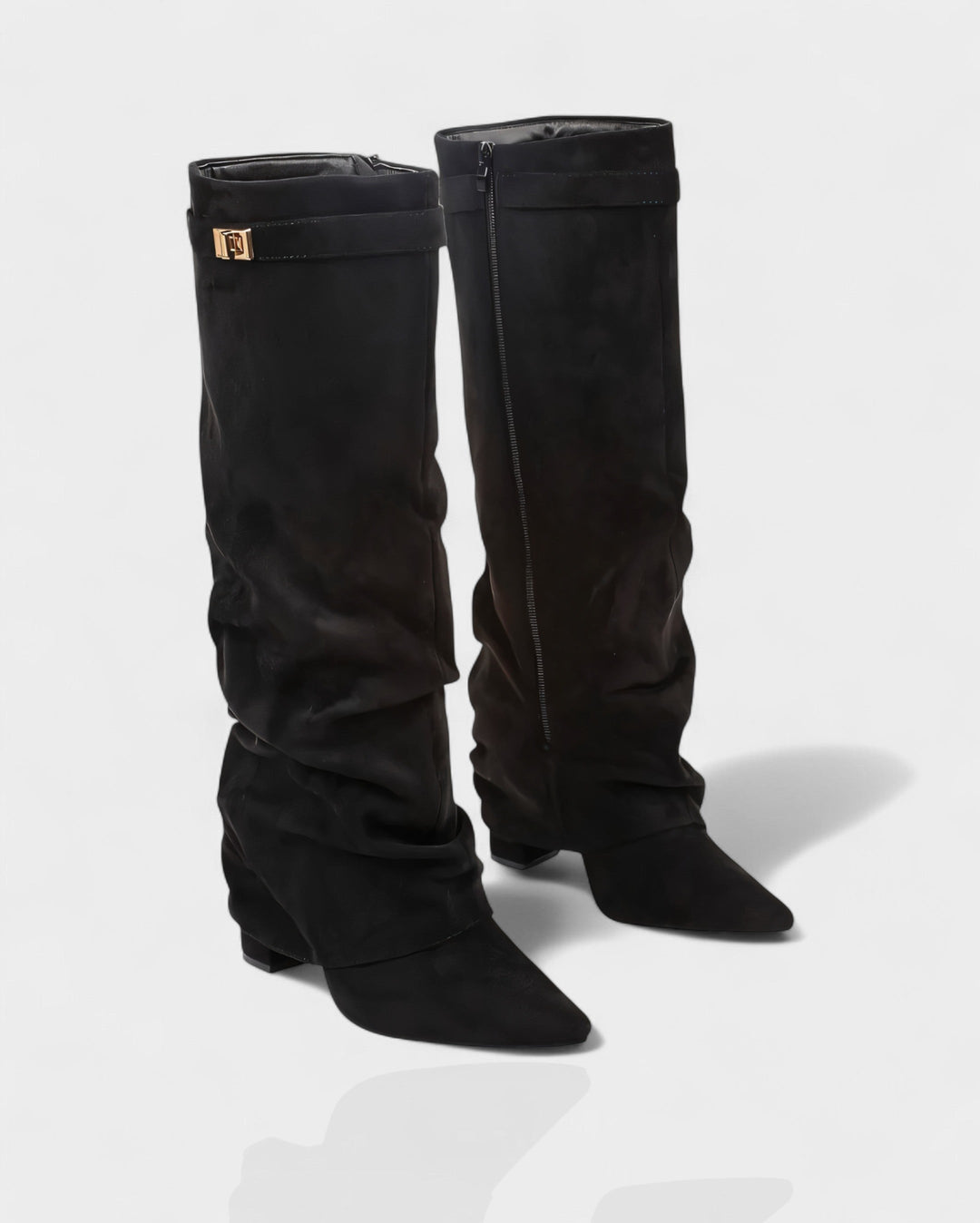Suede Knee High Boots Women Slouchy Pointed Toe Block Heel