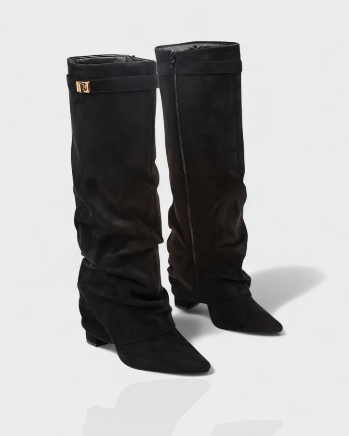 Suede Knee High Boots Women Slouchy Pointed Toe Block Heel