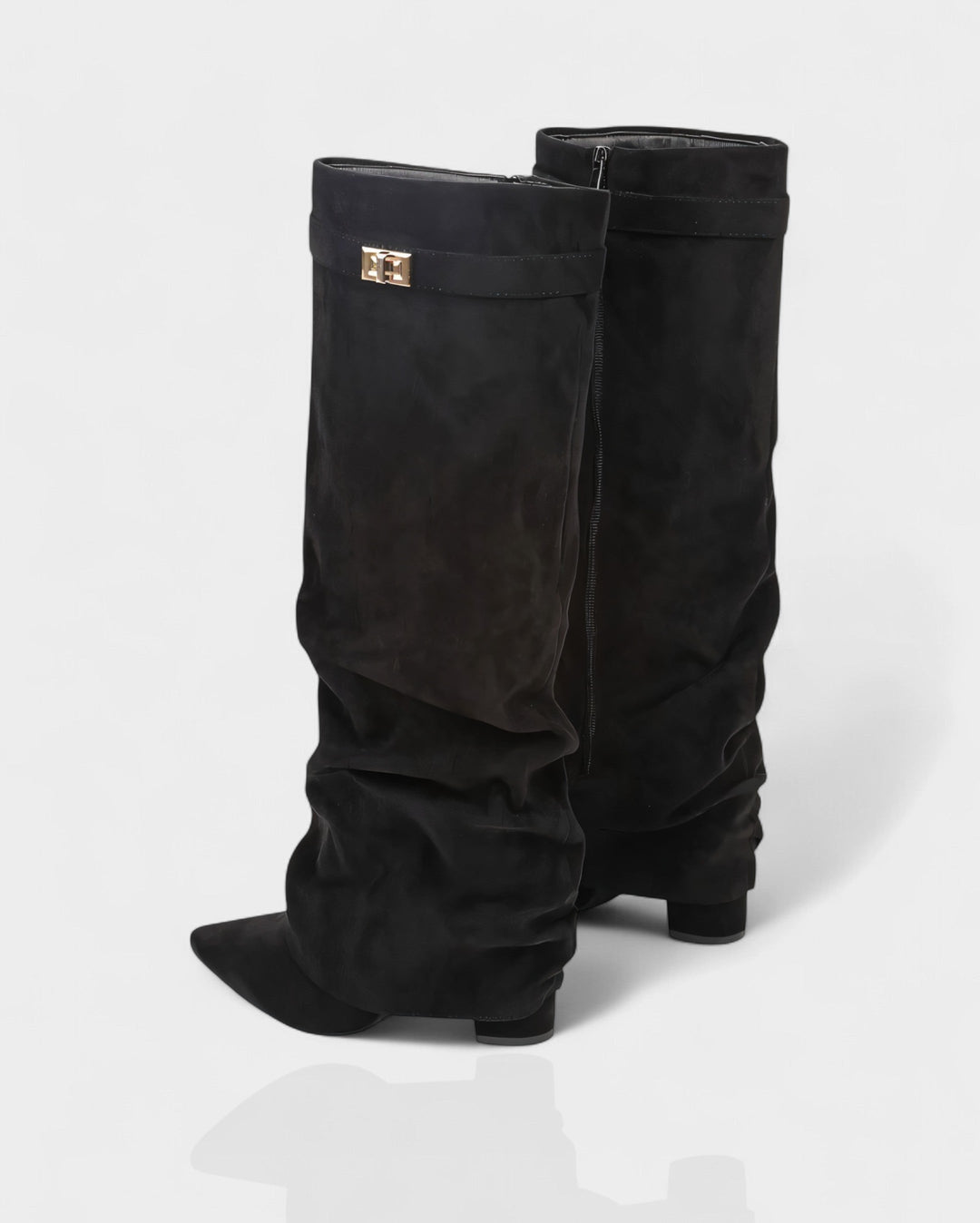 Suede Knee High Boots Women Slouchy Pointed Toe Block Heel