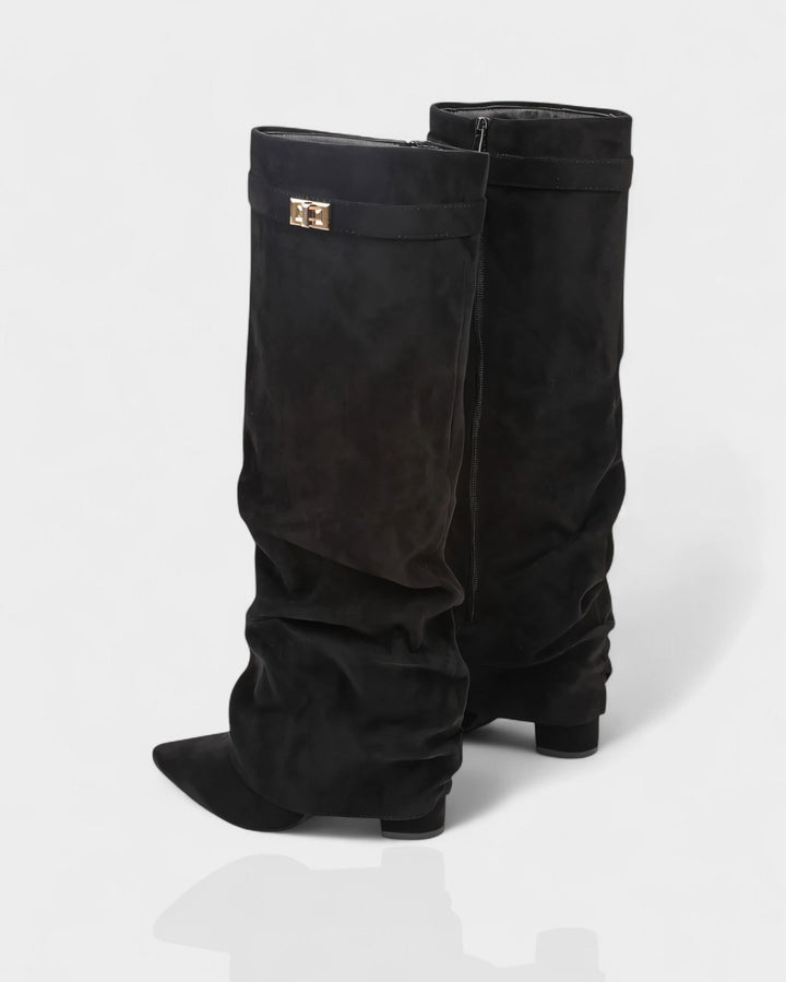 Suede Knee High Boots Women Slouchy Pointed Toe Block Heel