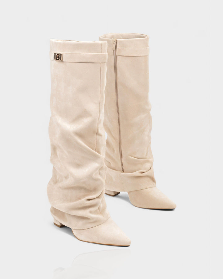 Suede Knee High Boots Women Slouchy Pointed Toe Block Heel
