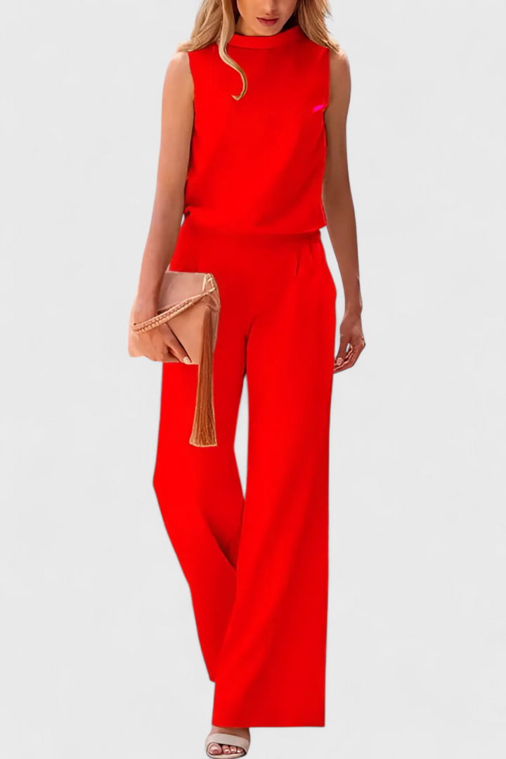 Wide Leg Jumpsuit for Women with Round Neck - Elegant Fluid Style