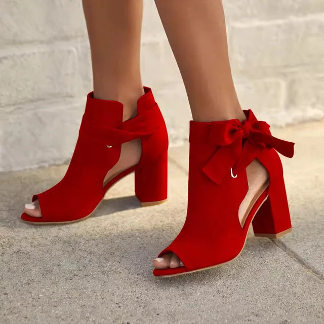 Peep Toe Ankle Boots for Women with Block Heel and Tie Detail