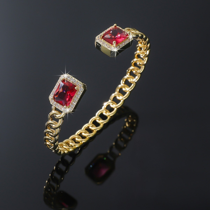 Gold Open Cuff Bracelet | Modern Minimalist Ruby Accent Bangle