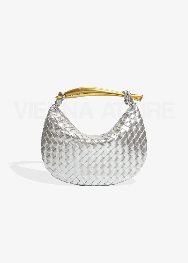 Woven Evening Bag with Gold Handle | Elegant Vegan Leather Handbag