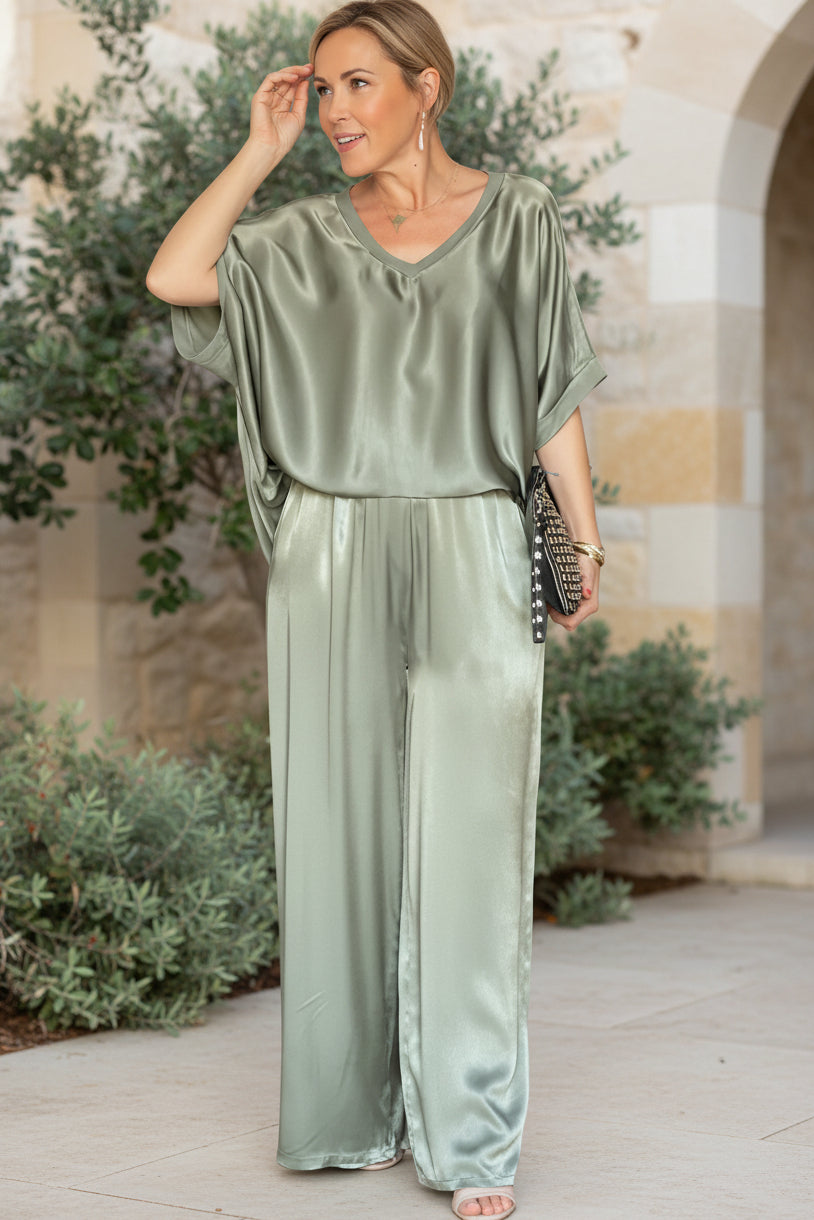 Shiny Two Piece Set for Women - Elegant V-Neck Outfit
