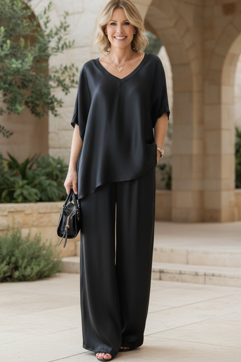 Shiny Two Piece Set for Women - Elegant V-Neck Outfit