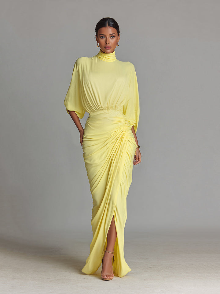 Yellow Maxi Dress for Women - Flowy V-Neck Long Sleeve