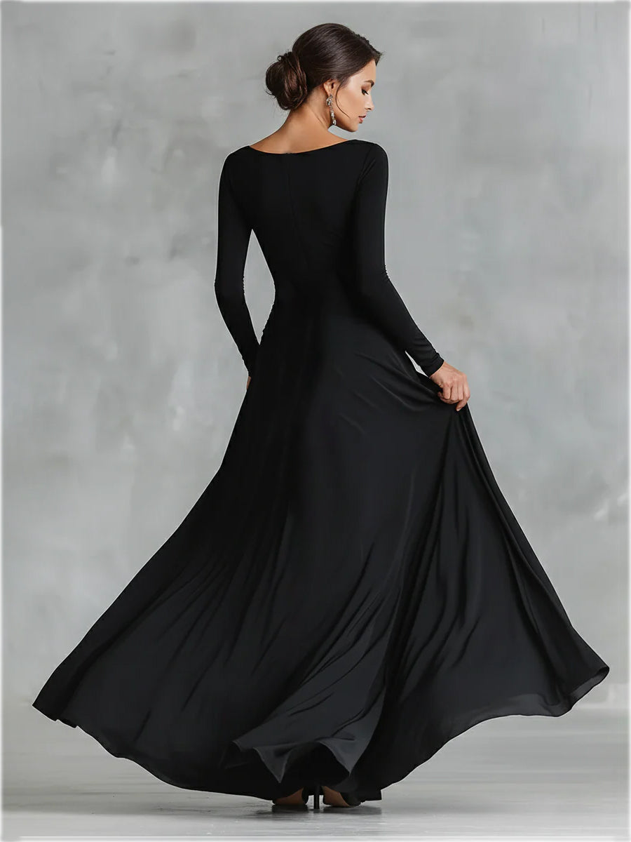 Black Maxi Dress with Ruched Bodice and Boat Neck