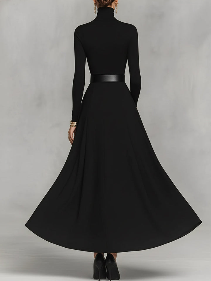 Black Knit Maxi Dress with High Neck and Button Detail