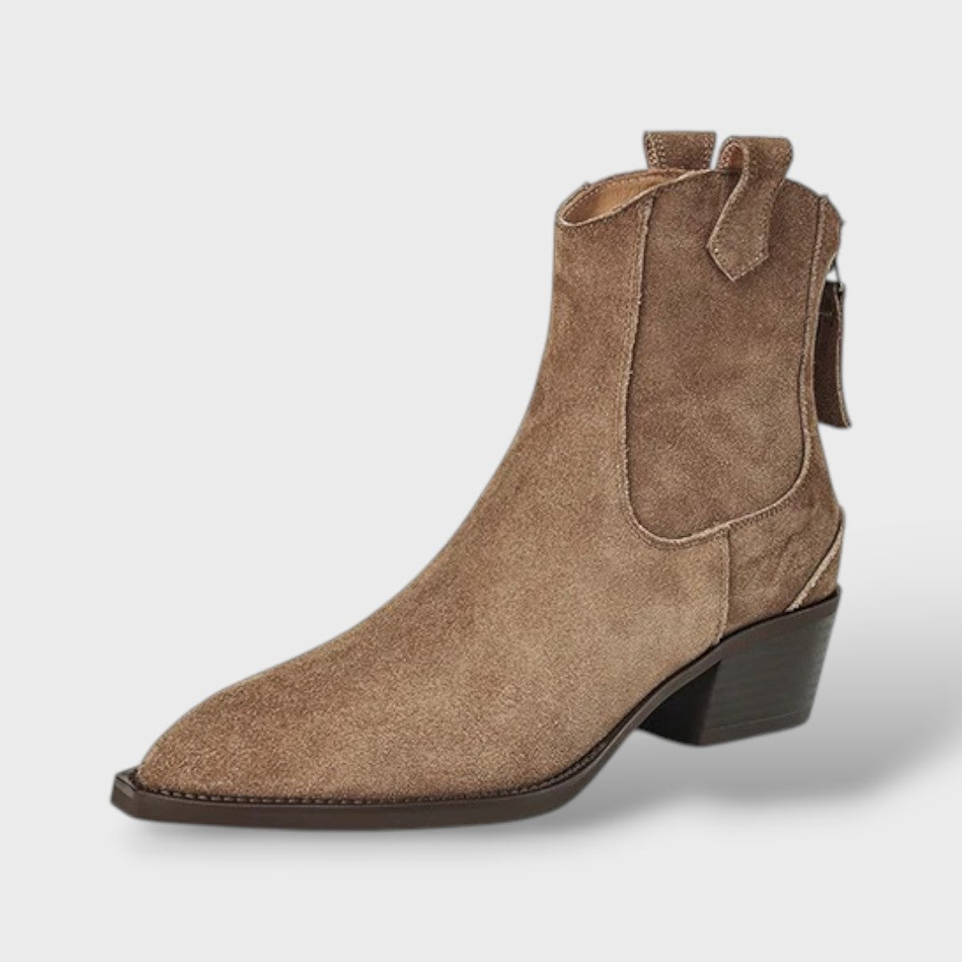 Pointed Toe Chelsea Boots for Women - Suede Ankle Boots with Block Heel