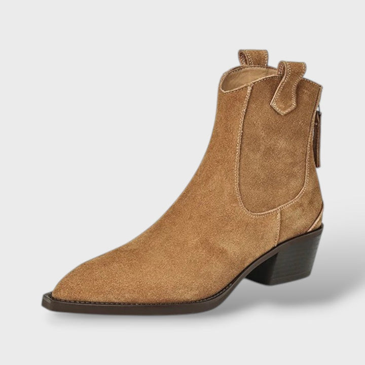 Pointed Toe Chelsea Boots for Women - Suede Ankle Boots with Block Heel