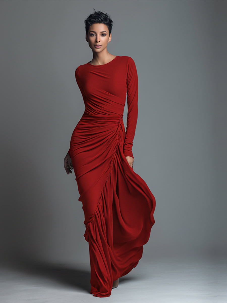 Black Maxi Dress with Ruched Detailing - Long Sleeve Jersey Knit