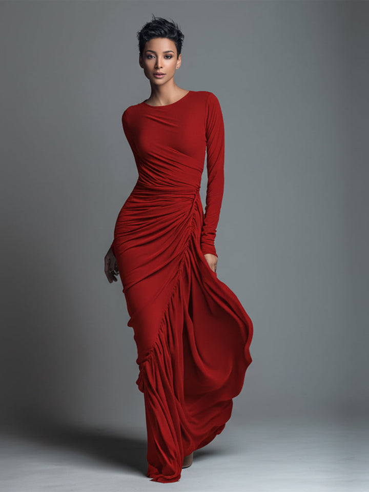 Black Maxi Dress with Ruched Detailing - Long Sleeve Jersey Knit
