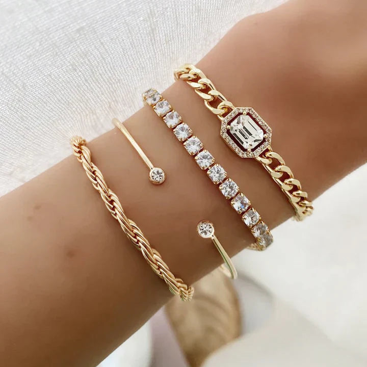 Bracelet Set White Gold Layered Stack Minimalist Jewelry