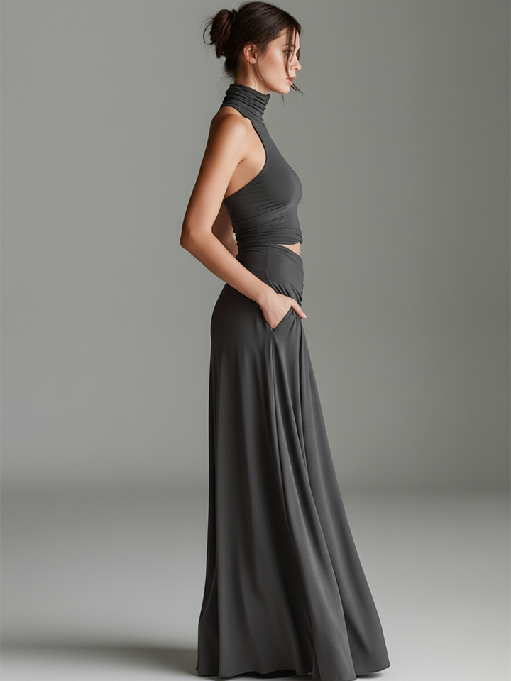 Charcoal Gray Bodycon Dress with Turtleneck Halter and Cutout Waist
