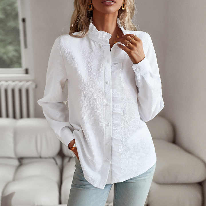 Long Sleeve Blouse with Ruffle Collar - Elegant Workwear Top