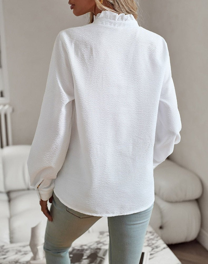Long Sleeve Blouse with Ruffle Collar - Elegant Workwear Top