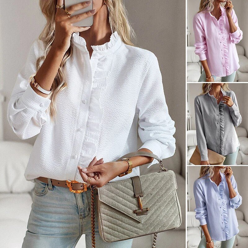 Long Sleeve Blouse with Ruffle Collar - Elegant Workwear Top