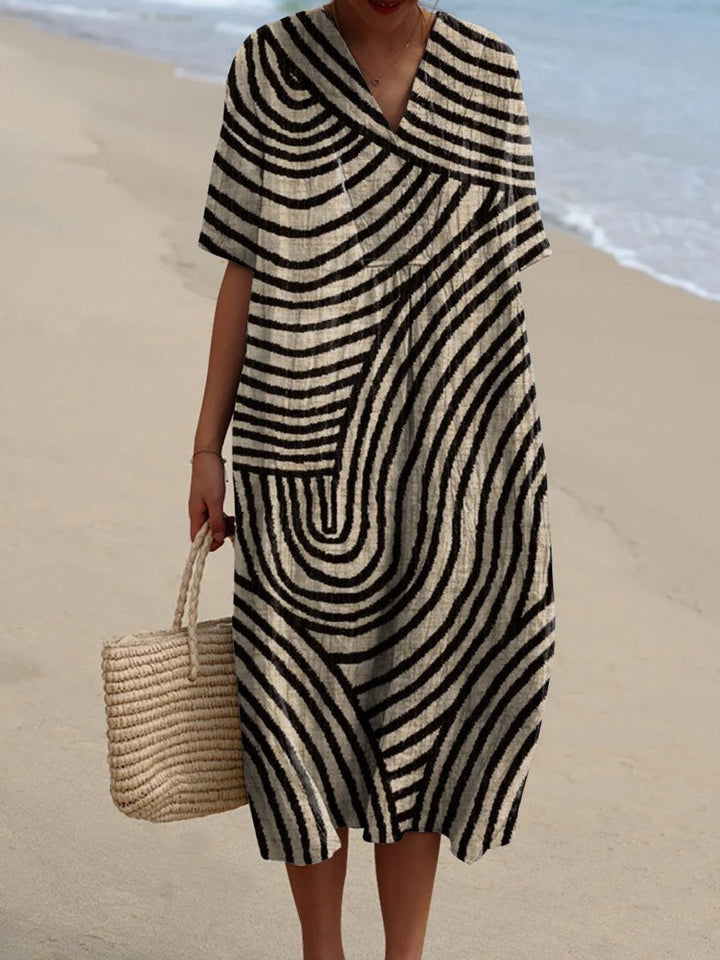 Graphic Print Dress with V-Neck and Short Sleeves