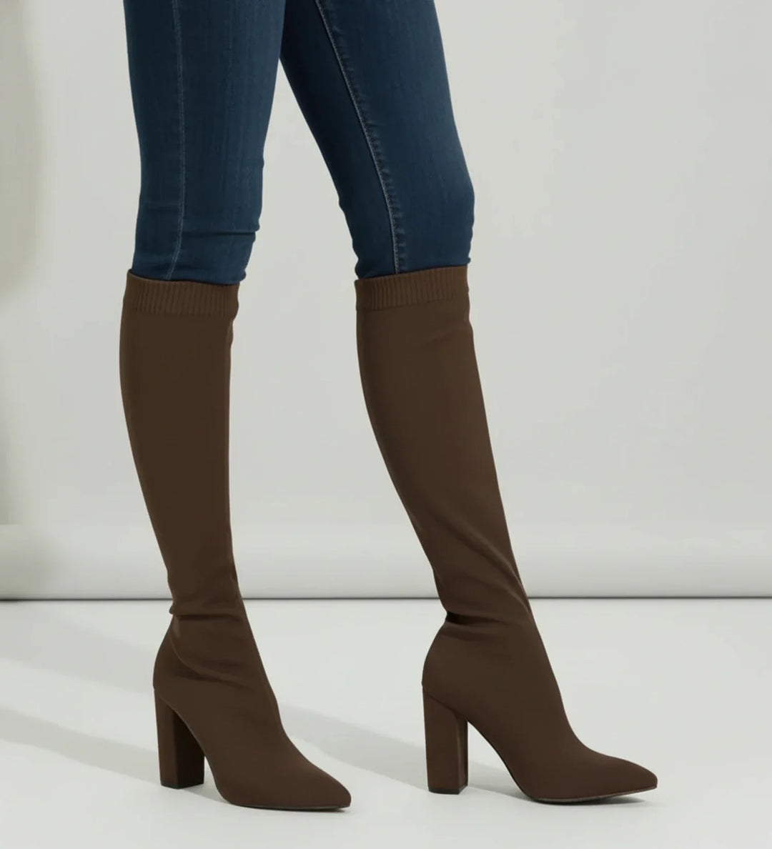 Knit Knee High Boots for Women | Pointed Toe Block Heel Sock Boots