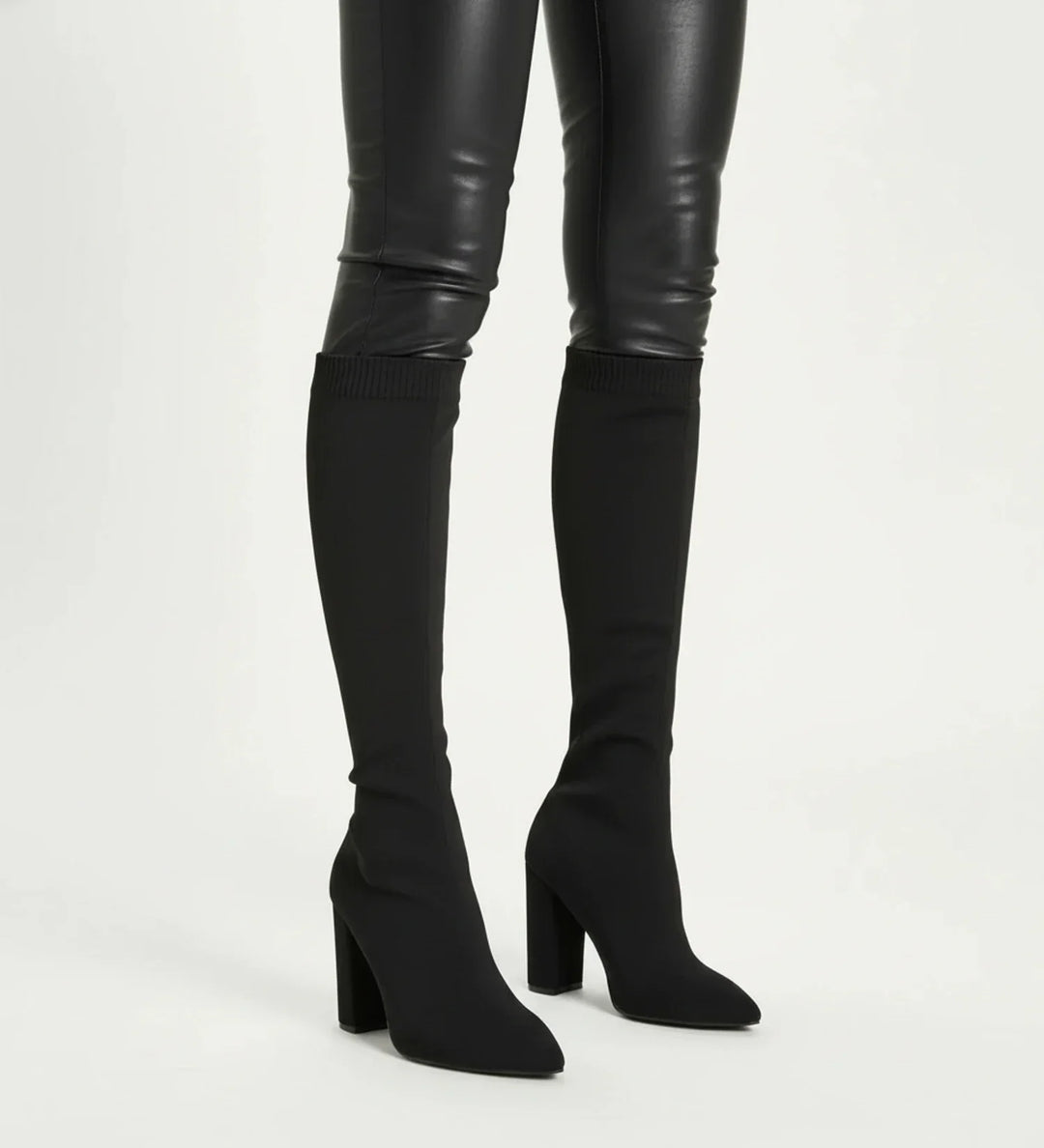 Knit Knee High Boots for Women | Pointed Toe Block Heel Sock Boots