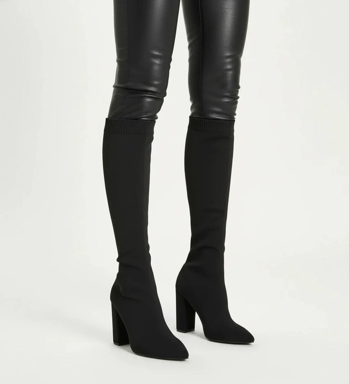 Knit Knee High Boots for Women | Pointed Toe Block Heel Sock Boots