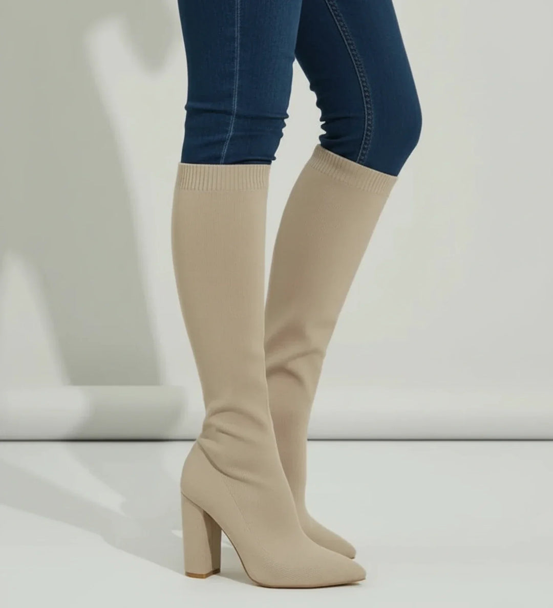 Knit Knee High Boots for Women | Pointed Toe Block Heel Sock Boots