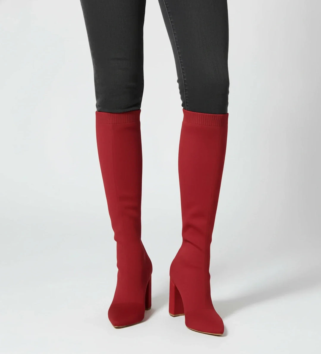 Knit Knee High Boots for Women | Pointed Toe Block Heel Sock Boots