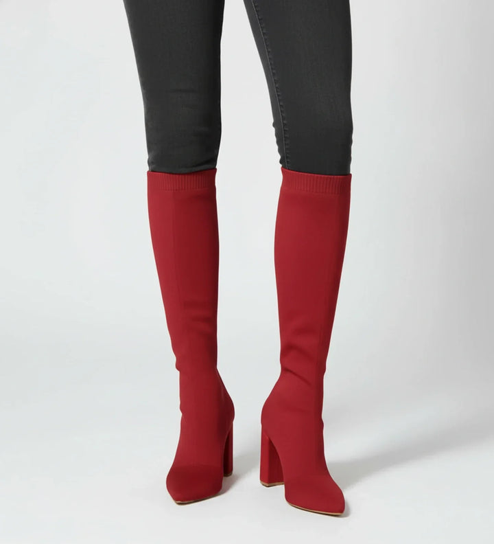 Knit Knee High Boots for Women | Pointed Toe Block Heel Sock Boots