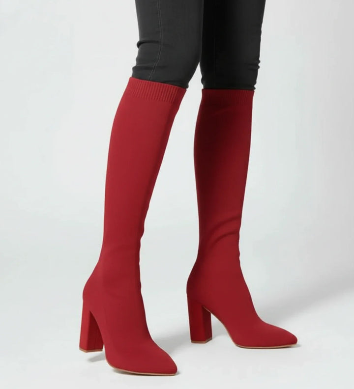 Knit Knee High Boots for Women | Pointed Toe Block Heel Sock Boots