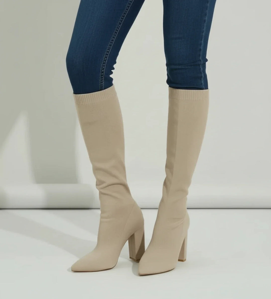 Knit Knee High Boots for Women | Pointed Toe Block Heel Sock Boots