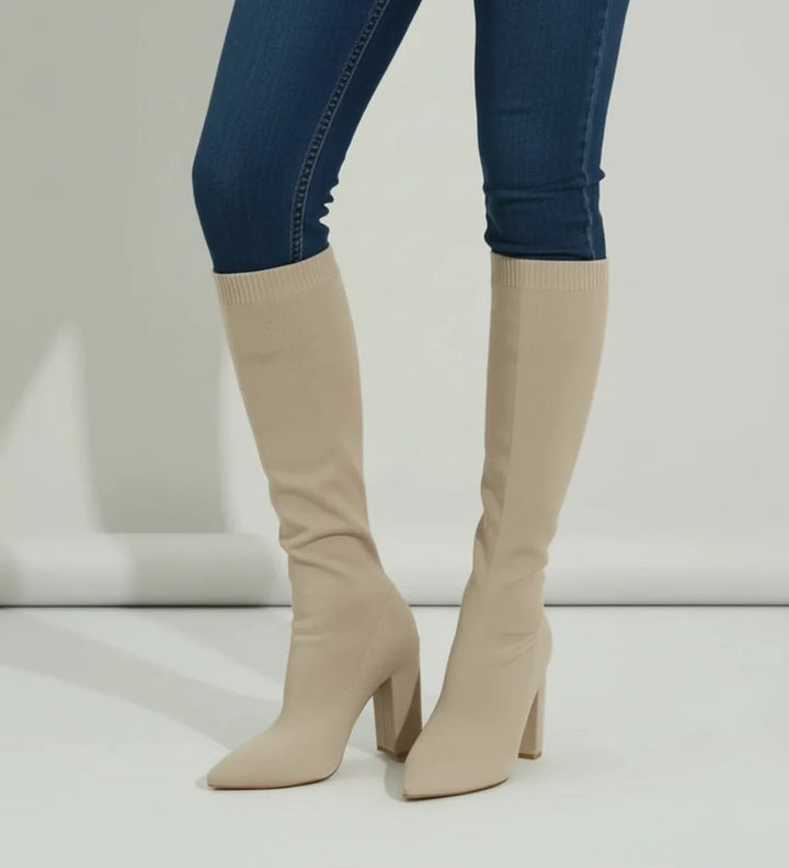 Knit Knee High Boots for Women | Pointed Toe Block Heel Sock Boots