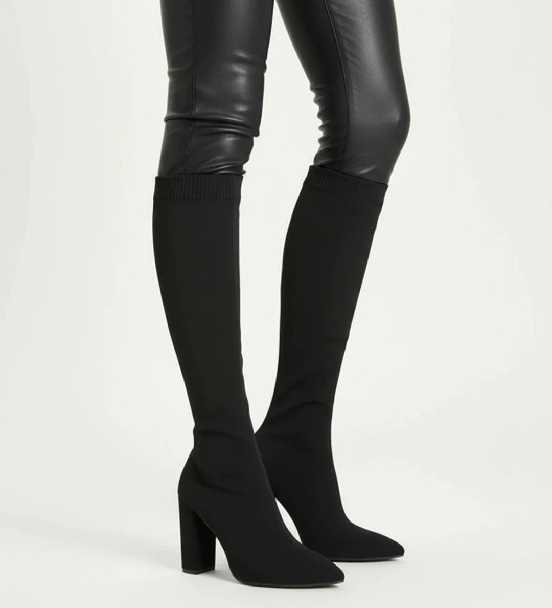 Knit Knee High Boots for Women | Pointed Toe Block Heel Sock Boots