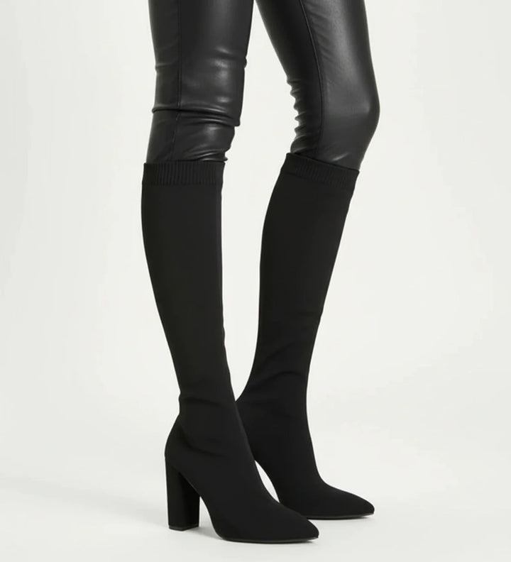 Knit Knee High Boots for Women | Pointed Toe Block Heel Sock Boots