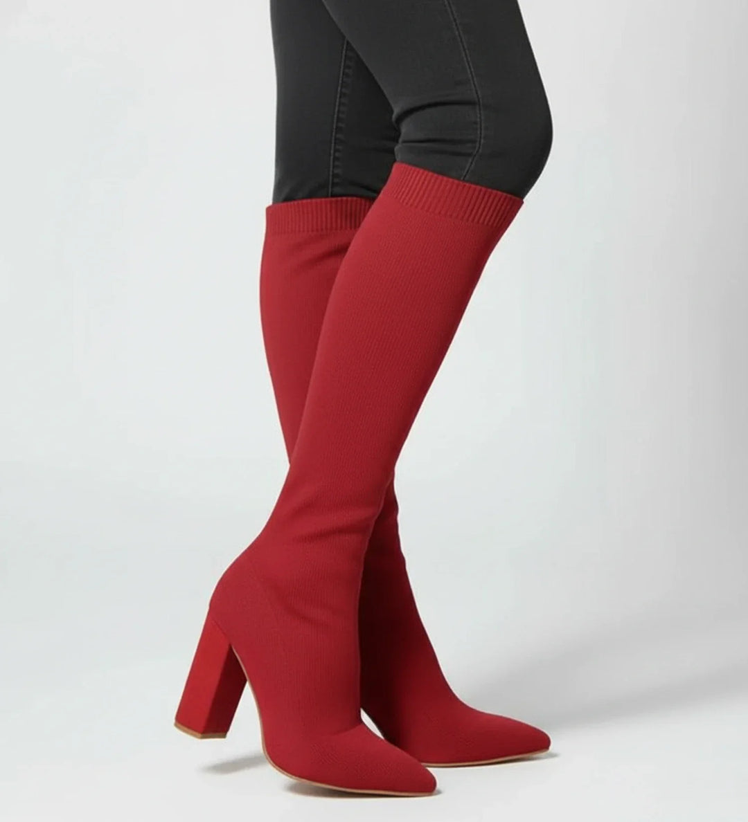 Knit Knee High Boots for Women | Pointed Toe Block Heel Sock Boots