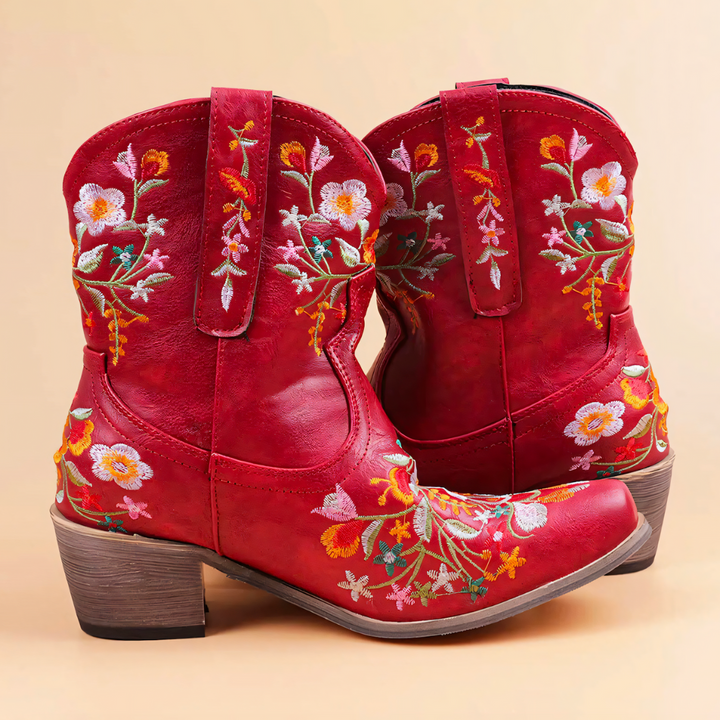 Western Cowgirl Boots for Women Red Floral Embroidered Pointed Toe