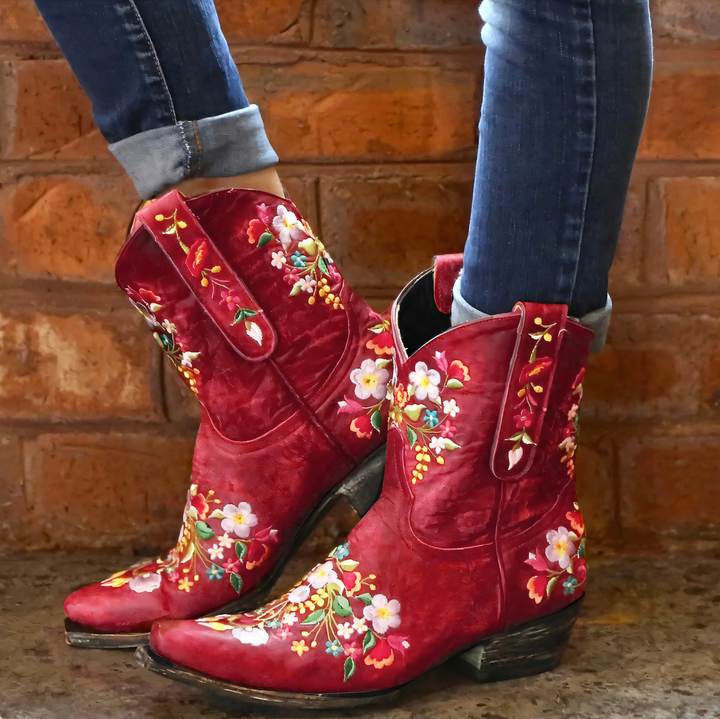 Western Cowgirl Boots for Women Red Floral Embroidered Pointed Toe