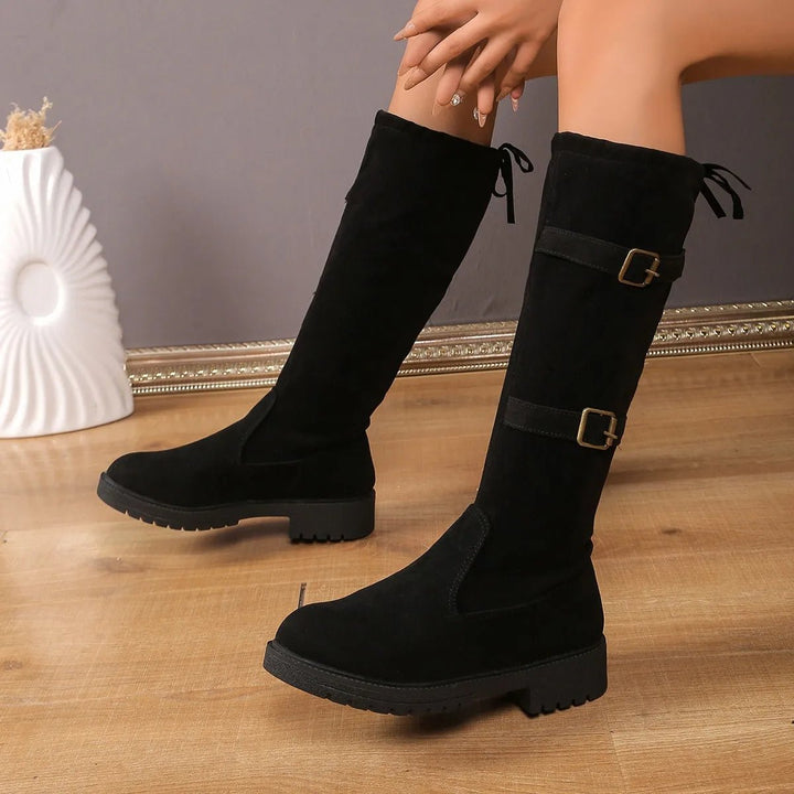 Black Suede Knee High Boots Women Block Heel Riding Boots
