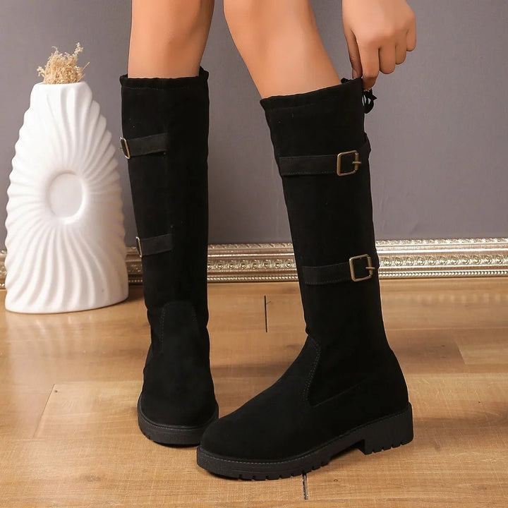 Black Suede Knee High Boots Women Block Heel Riding Boots