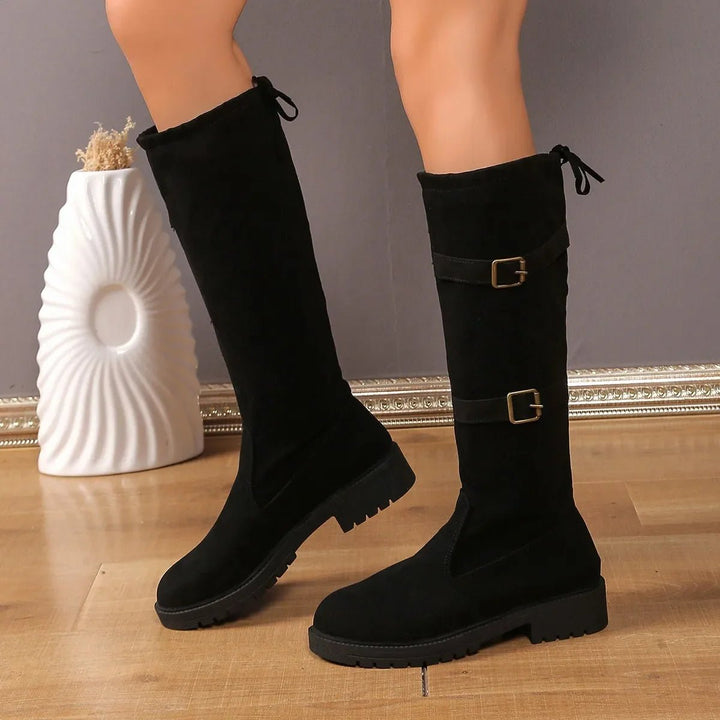 Black Suede Knee High Boots Women Block Heel Riding Boots