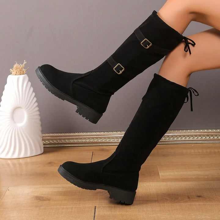 Black Suede Knee High Boots Women Block Heel Riding Boots