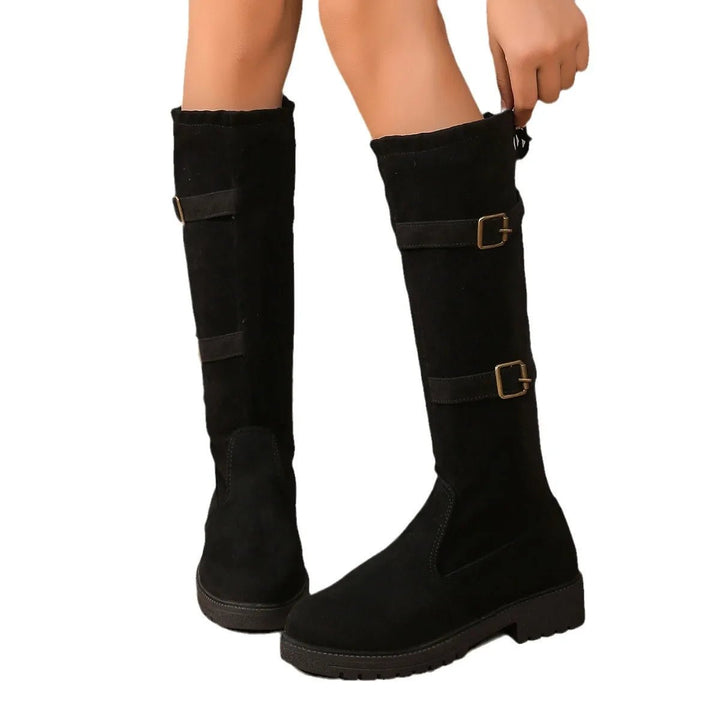 Black Suede Knee High Boots Women Block Heel Riding Boots