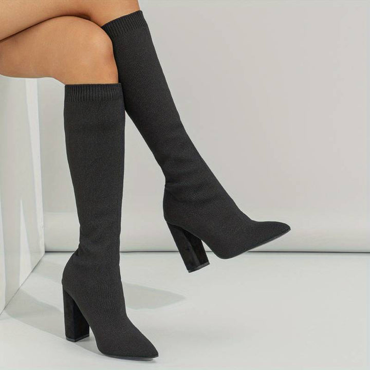 Knit Knee High Boots for Women - Pointed Toe Block Heel