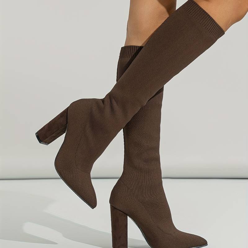 Knit Knee High Boots for Women - Pointed Toe Block Heel